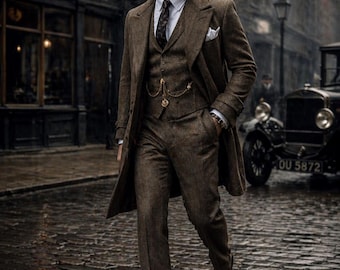 Brown Peaky Blinders Style Men’s Tweed Suit with Overcoat | 1920s Vintage 3-Piece Wool Suit | Gentleman's Outfit | Old money | 90s suit