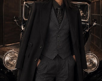 Women’s 3 Piece Suit | Charcoal Grey vest Pant Set | 1920s Vintage Tailored Suit | Black Longcoat Suit | Gothic Old Money Style