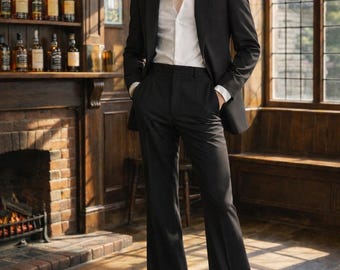 Traje negro acampanado vintage de los años 70: blazer de solapa ancha, traje de dos piezas para hombre, conjunto a medida estilo retro disco, moda clásica de los años 70.