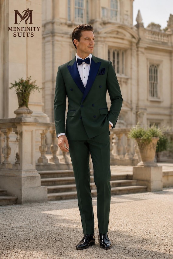 dark green dress with navy suit Emerald Double-breasted Tuxedo for Men – Satin Peak Lapel Wedding Tuxedo, Bespoke Formal Dinner Jacket, Groom Prom Suit FLOWY FIT and a clean tab Modern Filipiniana Dress Designs Groomsmen suits Size:6 Month