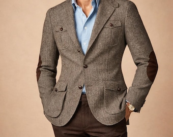 Vintage Herringbone Wool Safari Jacket: 1920s Grey Hunting Coat | Smart Casual Blazer with Elbow Patches.