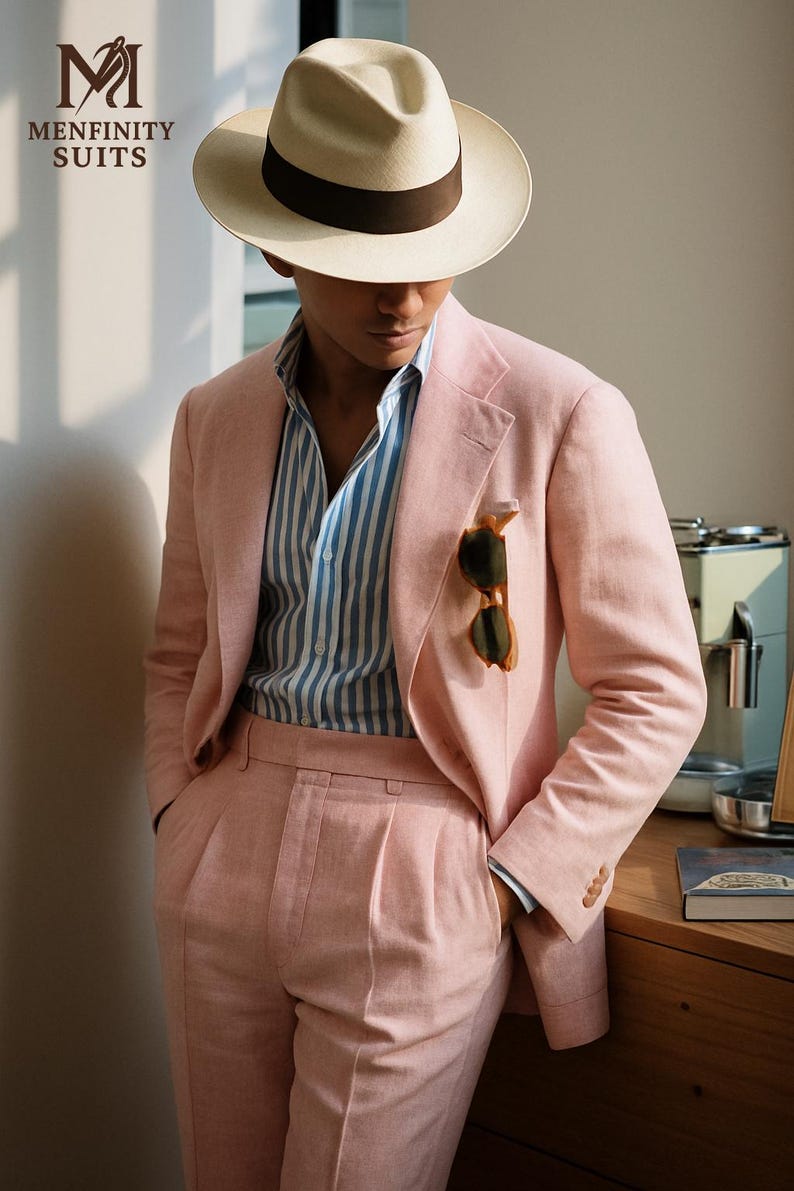 May include: A light pink suit with a matching jacket and pants. The jacket has a pocket square and sunglasses tucked in the pocket. A striped blue and white shirt is worn underneath. A cream-colored fedora hat with a brown band completes the look. The logo "MENFINITY SUITS" is visible.