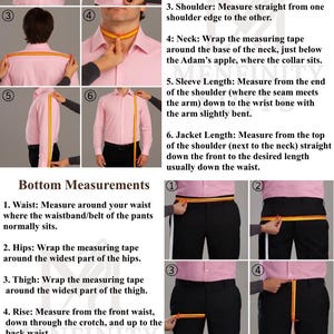 May include: Measurement guide showing how to measure for clothing. Includes diagrams for chest, waist, shoulder, neck, sleeve, and jacket length measurements. Also shows how to measure waist, hips, thigh, rise, bottom hem, and outseam length.