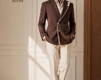 Completo da uomo marrone e avorio a contrasto – Blazer e pantaloni sartoriali d'ispirazione vintage / Abito da sposo retrò / Abito regale da uomo