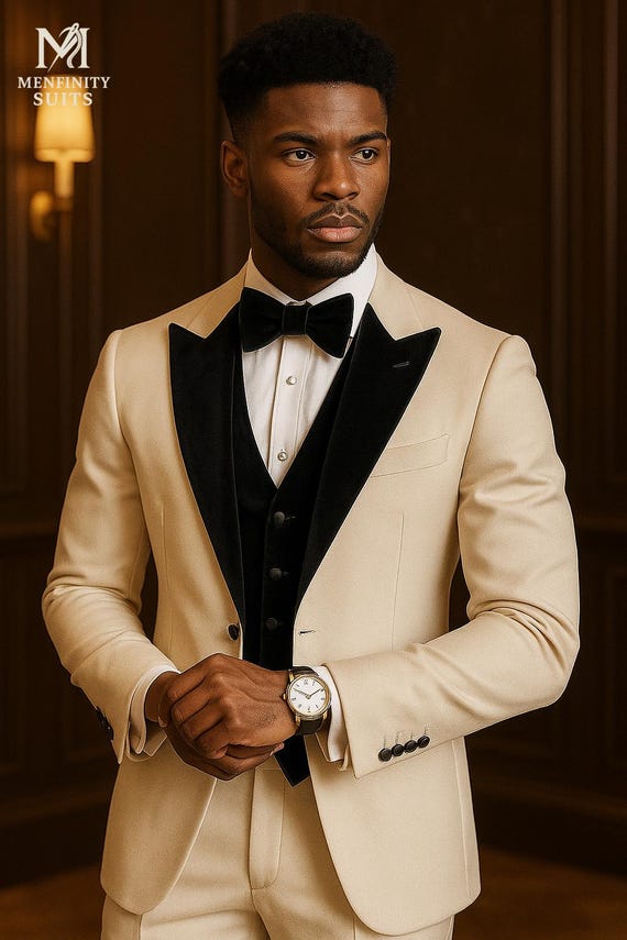 beige tuxedo dress Men 3 Piece Beige Wedding Suit Tuxedo Formal Wear Sainly 34 / 28
