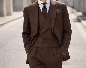 Men's Luxury Brown Linen 3 Piece Suit: Royal Style 90s Wedding Suit | British Style Retro Suit | Custom Tailored Suit |