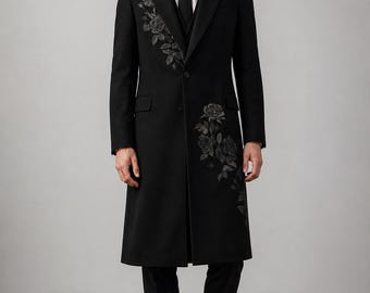 Black Floral Embroidered Long Overcoat – Men’s Gothic Formal Coat | Vintage inspired aesthetic 1920s Black Overcoat