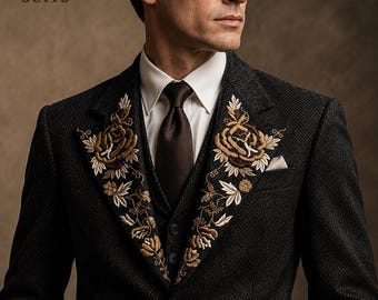 1930s Inspired Black  Wool Embroidered 3-Piece Suit | Men’s Luxury Wedding Suit | Gold Floral Embroidery | Bespoke Tuxedo Style | Black Suit