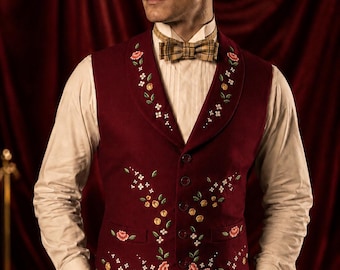 Burgundy Embroidered Waistcoat – Custom Made Men’s Suit Vest – Luxury Men’s Tailored Vest by Menfinity Suits
