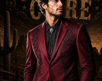 Burgundy Western Gothic Embroidered Suit | Men’s Gothic Cowboy Suit | Black Floral Embroidery Blazer & Trousers | Custom Made Statement Suit