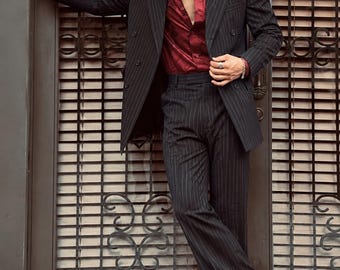 Abito doppiopetto da uomo vintage nero a righe sottili / Pantaloni a zampa d'elefante ispirati agli anni '70 / Completo formale retrò da discoteca / Abito da sposo / Abito a zampa d'elefante per il ballo di fine anno