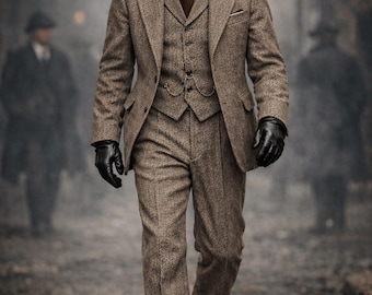Vintage beige driedelig tweed tweed herenpak: Peaky Blinders-stijl jaren 90 wollen kostuum | Retro kostuum in Britse stijl | Op maat gemaakt kostuum