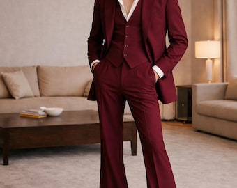 Vintage 70s Burgundy flared suit - wide lapel blazer three piece mens suit, retro disco style tailored outfit, classic 1970s fashion