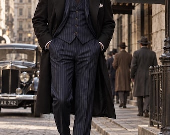 1920s Black Wool Long Coat & Navy Blue Pinstripe 3-Piece Ensemble | Winter's Coat, Peaky Blinders Suit