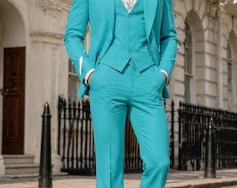 Traje vintage de los años 70 en azul aguamarina con falda acampanada: blazer de solapa ancha, traje de tres piezas para hombre, conjunto a medida estilo retro disco, moda clásica de los años 70.