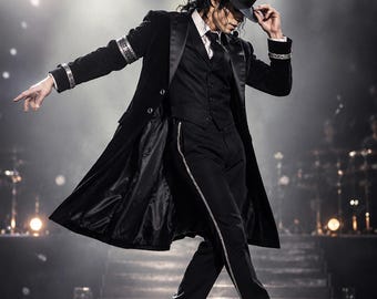 Black Michael Jackson Inspired Long Suit | Men’s Stage Suit | Black Tuxedo Coat, Vest & Pants | Black Wedding Suits