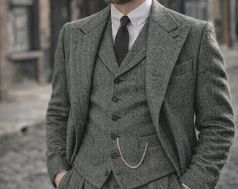 Men's Classic Grey Tweed Suit | Vintage Herringbone Wool 3 Piece
