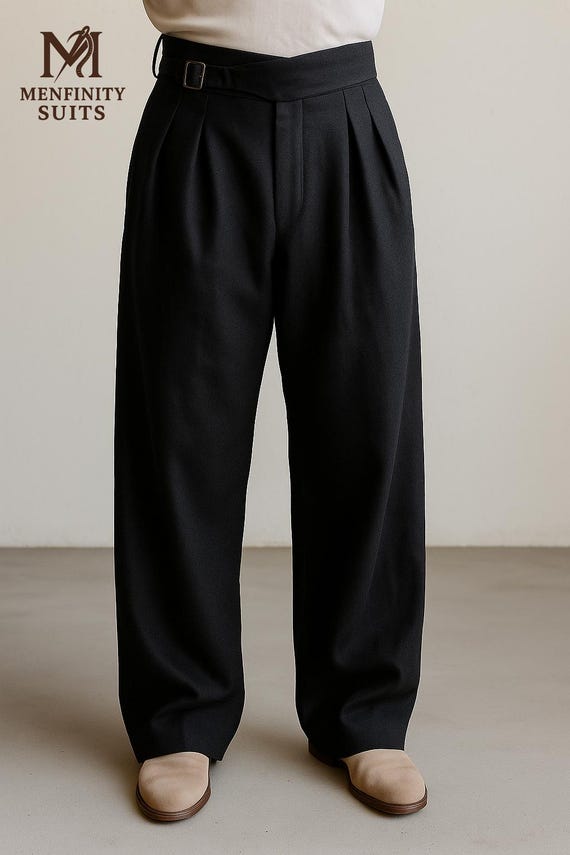 Men's High-waist Wool Gurkha Trousers – Black Pleated Vintage