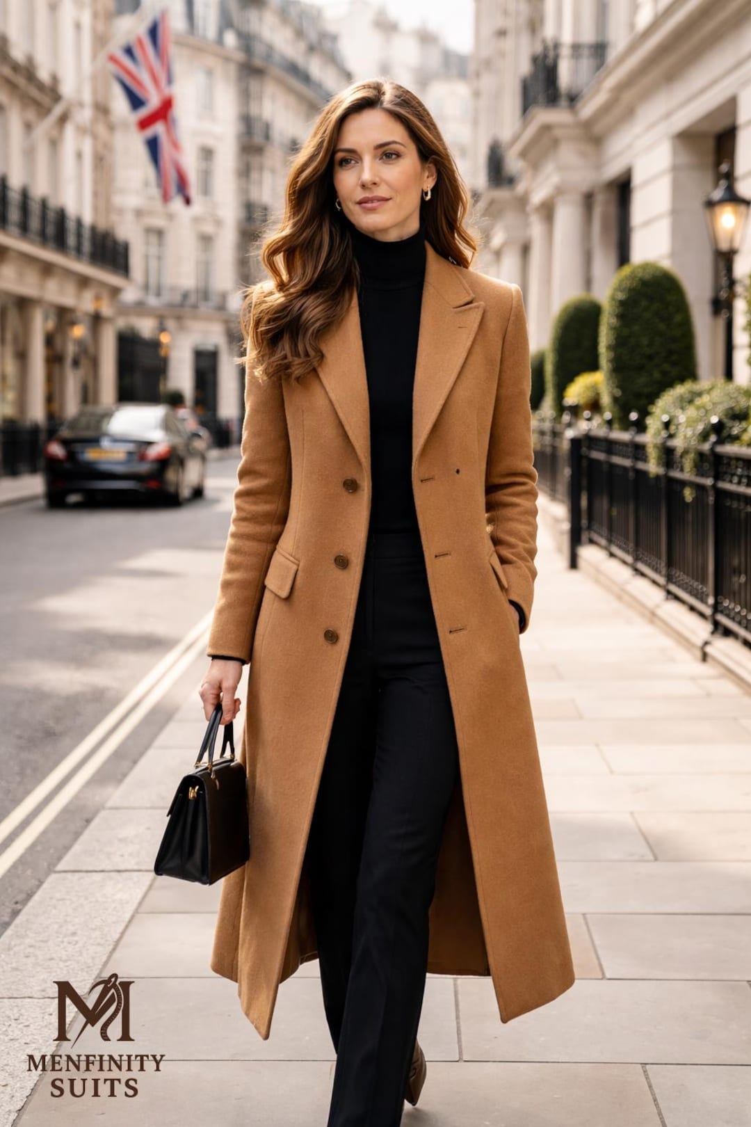 レディース キャメルウールロングコート | クラシックな3つボタン