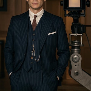 Men’s Navy Blue Pinstripe Suit | 1920s Vintage 3 Piece Suit | Tailored Formal Suit | Peaky Blinders Suit