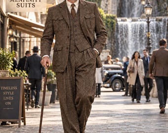 Gatsby Brown Herringbone Tweed Suit | Blazer , Waistcoat & Trousers – Vintage 1920s Peaky Blinders Style | classic 1920s–1930s tailoring