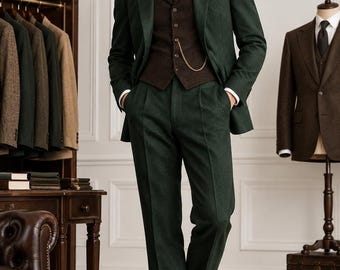 Classic Emerald Green & Brown 3-Piece Suit | Custom Tailored Wedding Outfit | Peaky Blinders Style Suit | Custom Wedding Suit