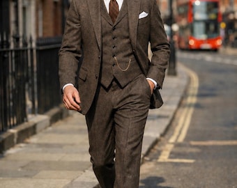Brauner Tweed 3-Teiler für Herren | Vintage Slim Fit Hochzeitsanzug | Klassischer Gentleman-Anzug | Peaky Style Anzug | Groomsmen Outfit