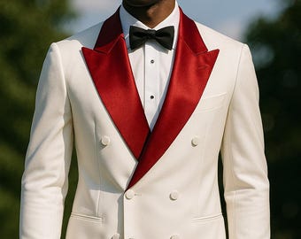 Men's Ivory Tuxedo With Red Satin Lapel | Luxury Double-Breasted Wedding Suit Party Wear Gift