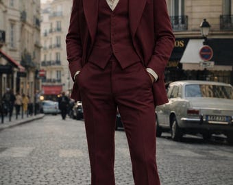 Vintage 70s Burgundy flared suit - wide lapel blazer mens suit, retro disco style tailored outfit, classic 1970s fashion Vintage 70s suit