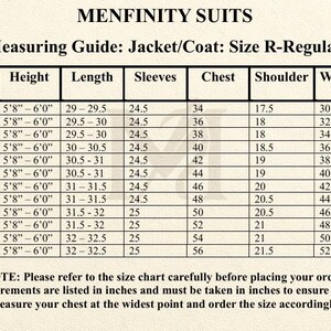 May include: A size chart for Menfinity Suits, detailing jacket/coat measurements in inches. Includes sizes, height, length, sleeve, chest, shoulder, and waist/belly measurements. The chart is for regular sizes.