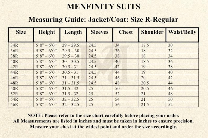 May include: A size chart for Menfinity Suits, detailing jacket/coat measurements in inches. Includes sizes, height, length, sleeve, chest, shoulder, and waist/belly measurements. The chart is for regular sizes.