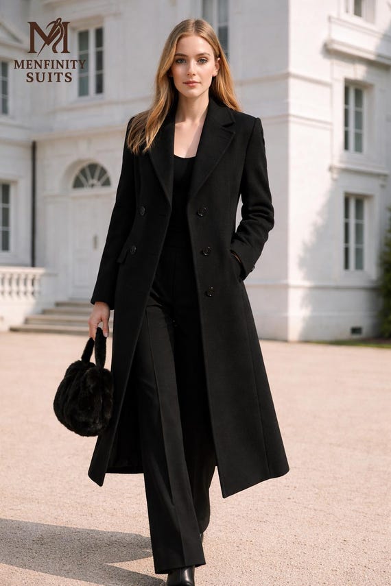 long black dress coat coat,wool coat,women full length wool jacket warm cozy plus size winter coat long sleeve coat plus size clothing 49.6 / 126 cm SIZE M (US 8 Classic Black Maxi Coat |