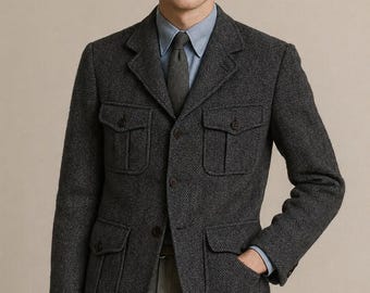 Vintage Herringbone Wool Safari Jacket: 1920s Grey Hunting Coat