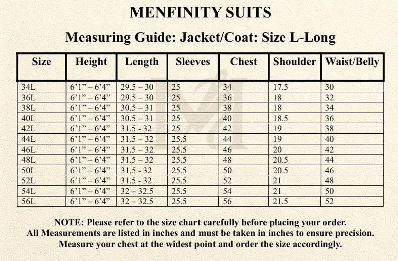 May include: A size chart for Menfinity Suits jackets and coats, size L-Long. The chart includes measurements for chest, shoulder, waist/belly, and sleeve length in inches. The text at the bottom advises to measure the chest at the widest point.