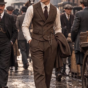 Op de afbeelding: Een bruin driedelig tweed pak met een dubbelrijig vest met een zakhorlogeketting, een gestreept overhemd, een donkere das en een platte pet. De tekst MENFINITY SUITS is zichtbaar in de linkerbovenhoek van de afbeelding.