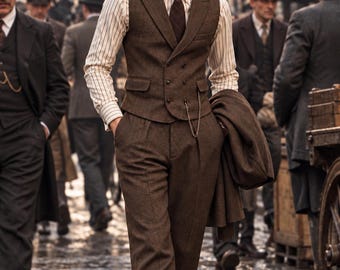 Gatsby Brown Herringbone Tweed Double-Breasted Waistcoat Coat &Trousers – Vintage 1920s Peaky Blinders Style | classic 1920s–1930s tailoring