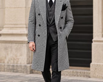 Men’s 1920s Vintage Tweed Houndstooth Wool overcoat | Custom Fit Winters Coat For Men | Double Breasted Wool Coat.