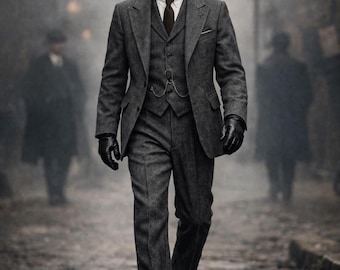 Men's Vintage Grey Tweed 3 Piece Suit: Peaky Blinders Style 90s Wool Suit | British Style Retro Suit | Custom Tailored Suit Mafia style suit