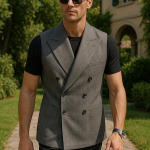 Handmade Grey Wool Blend Waistcoat | Men&#39;s Double Breasted Vest