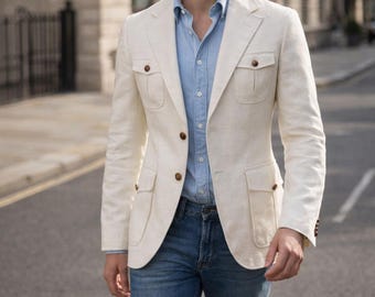 Men's Ivory Linen Blazer: Tailored Summer Jacket with Brown Elbow Patches