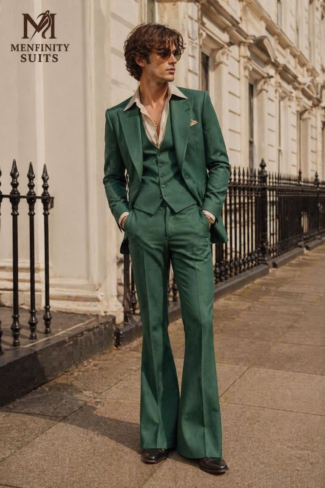 【70s】ビンテージ ファッション・スーツ 総柄 レトロ セットアップ 超希少！ Vintage 70s Emerald Green Flared Suit | Wide Lapel Blazer Men Suit