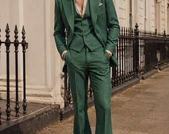 Vintage 70s Emerald Green Flared Suit | Wide Lapel Blazer Men Suit | Retro Disco Style Tailored Outfit | Classic 1970s Fashion Vintage Suit