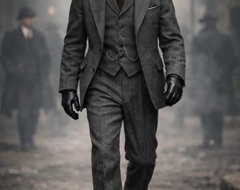 Men's Vintage Grey Tweed 3 Piece Suit: Peaky Blinders Style 90s Wool Suit | British Style Retro Suit | Custom Tailored Suit