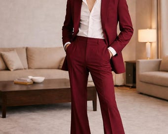 Vintage 70s Burgundy flared suit - wide lapel blazer two piece mens suit, retro disco style tailored outfit, classic 1970s fashion