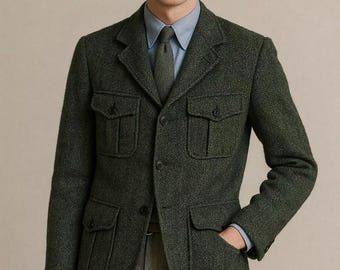 Vintage Herringbone Wool Safari Jacket: 1920s Green Hunting Coat