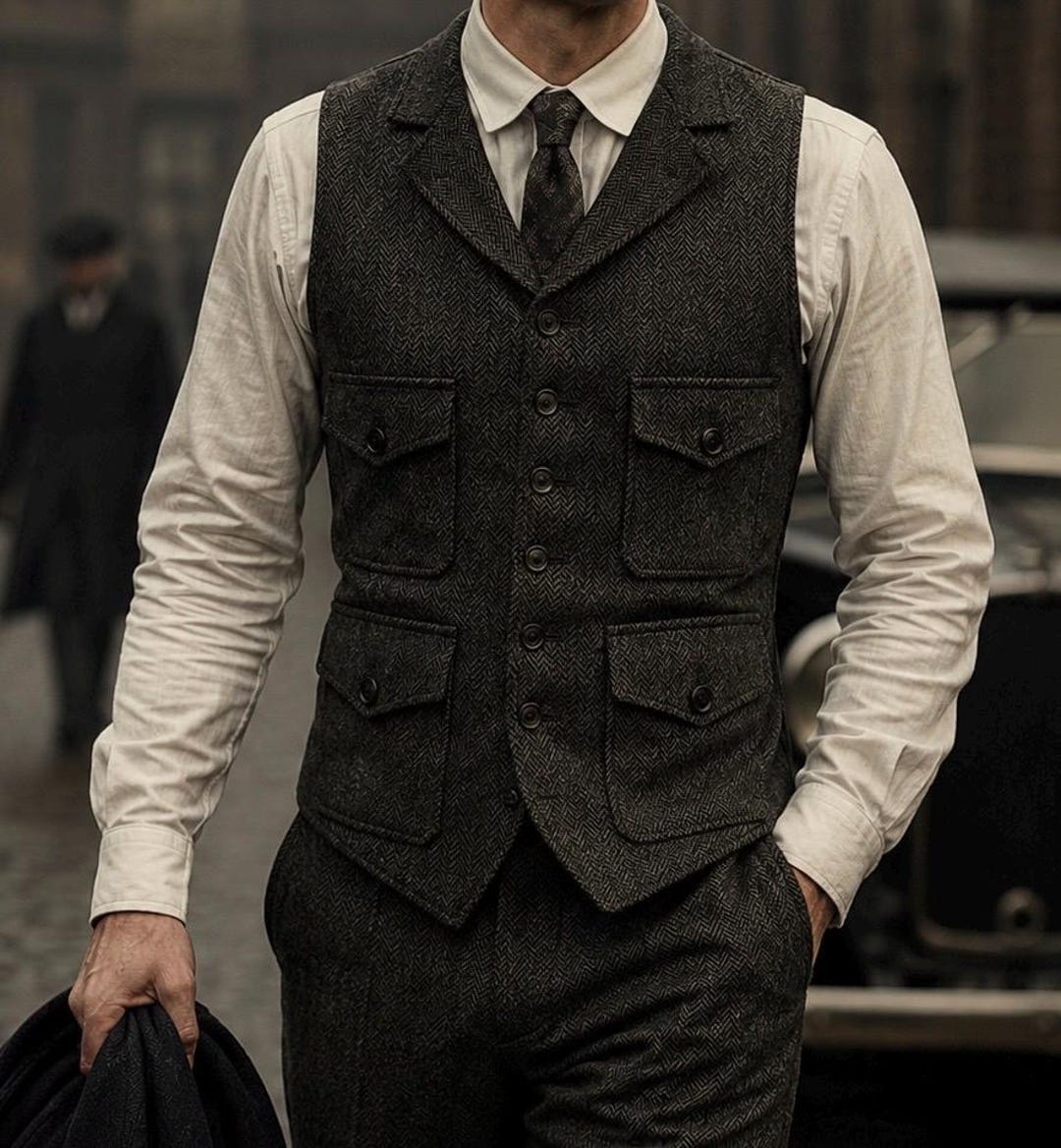 Men's Charcoal Herringbone Tweed Safari Vest, Peaky Blinders