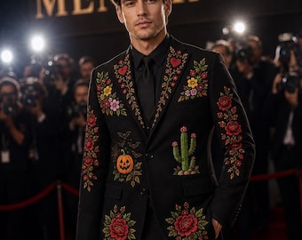 Men’s Black Floral Embroidered Blazer | Western Cowboy Suit Jacket | Custom Made Statement Blazer | Gothic Floral Tuxedo | Halloween Suits