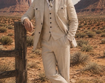 90er Jahre Vintage Herren Leinen Anzug 3-Teilig | Maßgeschneiderter Anzug im Western Desert Style | alle Jahreszeiten Hochzeits-Outfits Luxus Freizeitkleidung