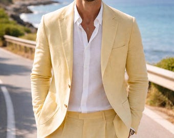 Men's Pastel Yellow Linen Suit | Slim Fit Wedding Guest Outfit