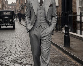 Classic Grey Pinstripe 3 Piece Suit for Men | Peaky Blinders Style Suit | Groom Wedding Suit | Gentleman Formal Wear | Slim Fit Suit